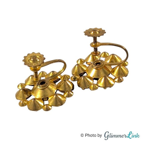 Vintage 30s 40s Coro Purple Rhinestone Flower Gold Tone Screw Back Earrings - Picture 6 of 10